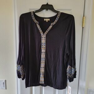 Democracy 1X Blouse Tunic Top Pullover Balloon Sleeve Black Embroidered